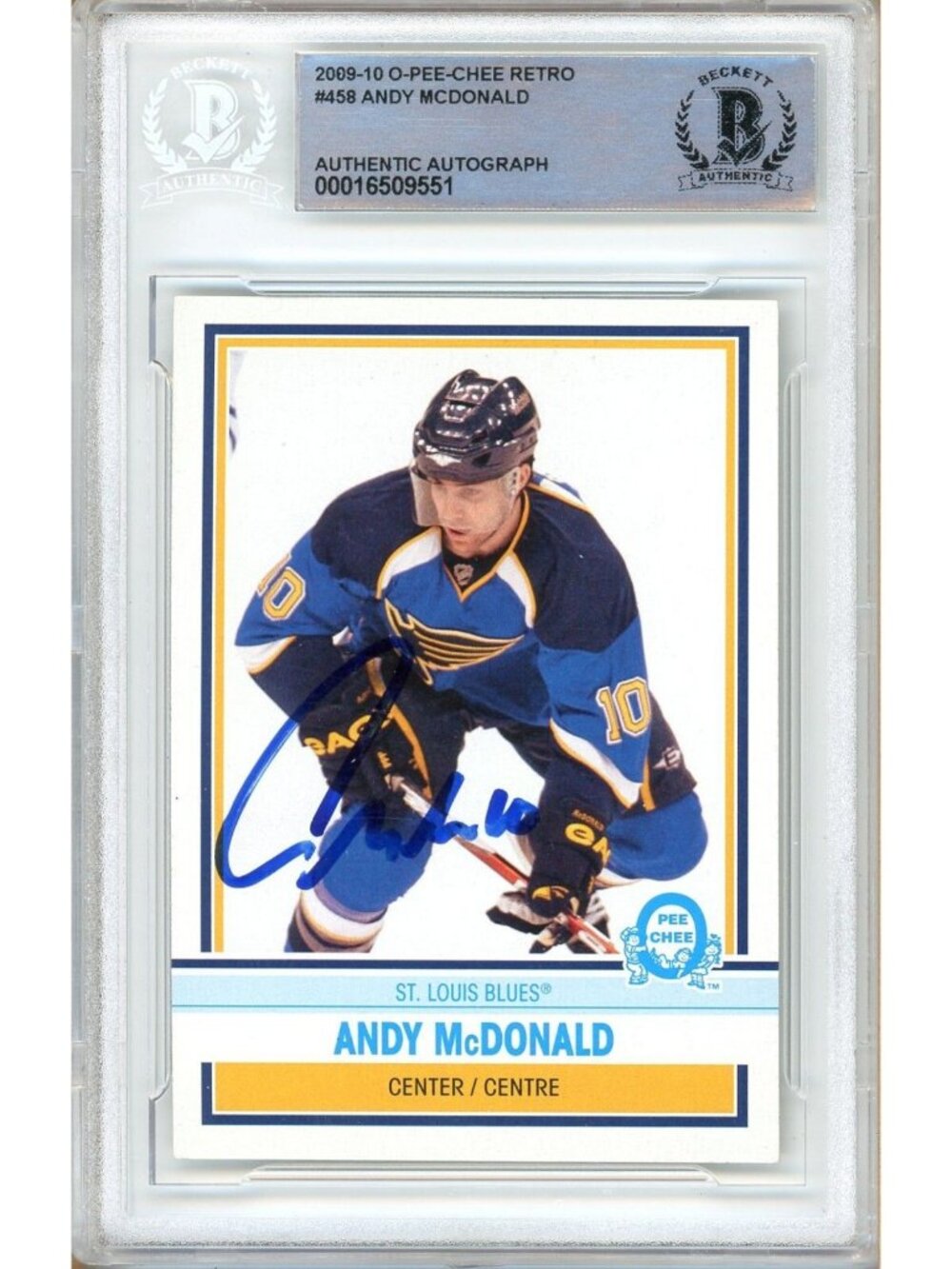 Andy McDonald Signed 2009-10 O-Pee-Chee Retro #458 St Louis Blues BAS Slab Auto